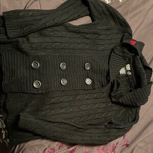 Ashley Black Hooded Cable Knit Sweater with Button Detail